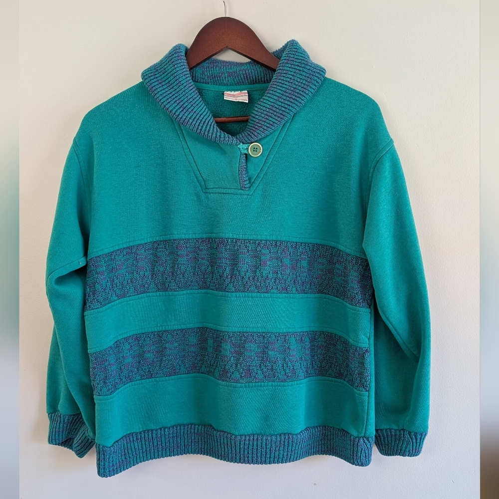 Vintage Lady Footlocker Green Shawl Collar Striped Sweatshirt, Size L - Picture 3 of 10